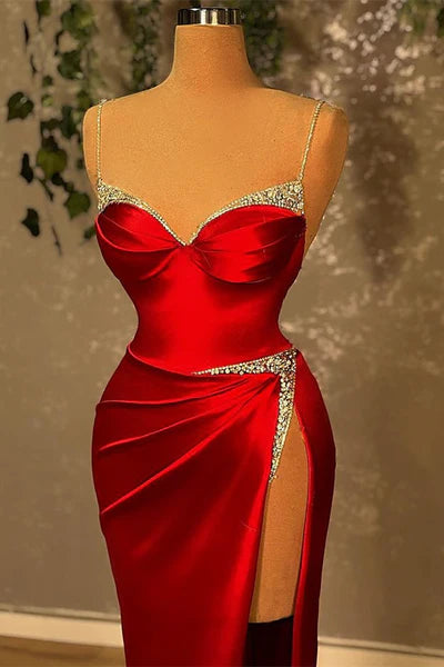 Burgundy Beaded Spaghetti Straps Mermaid High Slit Evening Dress Sleeveless With Train