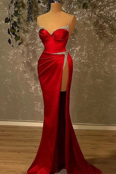 Burgundy Beaded Spaghetti Straps Mermaid High Slit Evening Dress Sleeveless With Train
