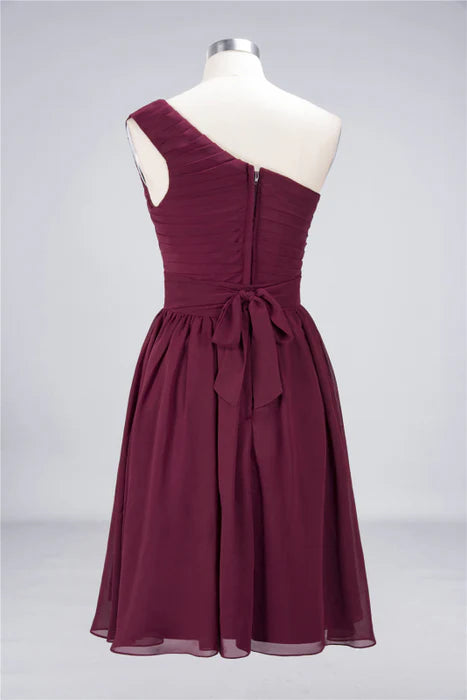 Burgundy Chiffon Pleated One Shoulder Ruffle Short Bridesmaid Dresses Homecoming Dress