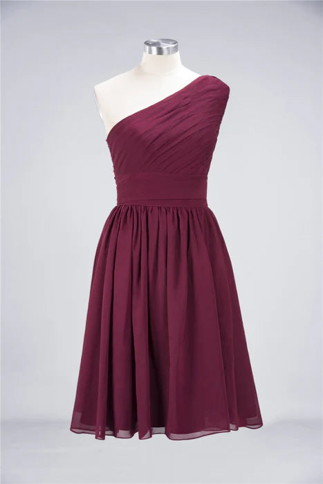 Burgundy Chiffon Pleated One Shoulder Ruffle Short Bridesmaid Dresses Homecoming Dress
