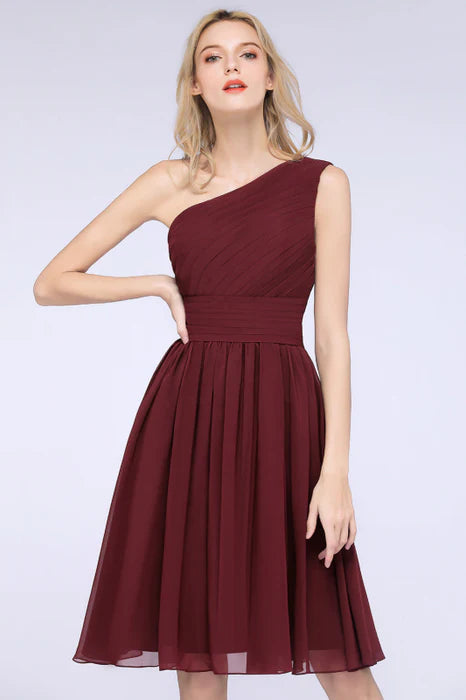 Burgundy Chiffon Pleated One Shoulder Ruffle Short Bridesmaid Dresses Homecoming Dress