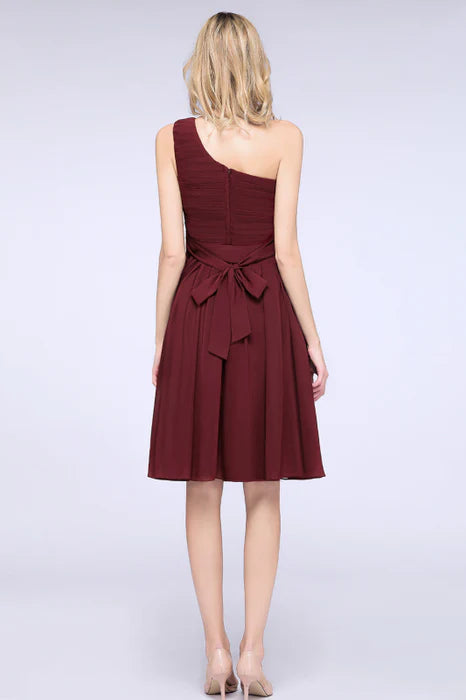 Burgundy Chiffon Pleated One Shoulder Ruffle Short Bridesmaid Dresses Homecoming Dress