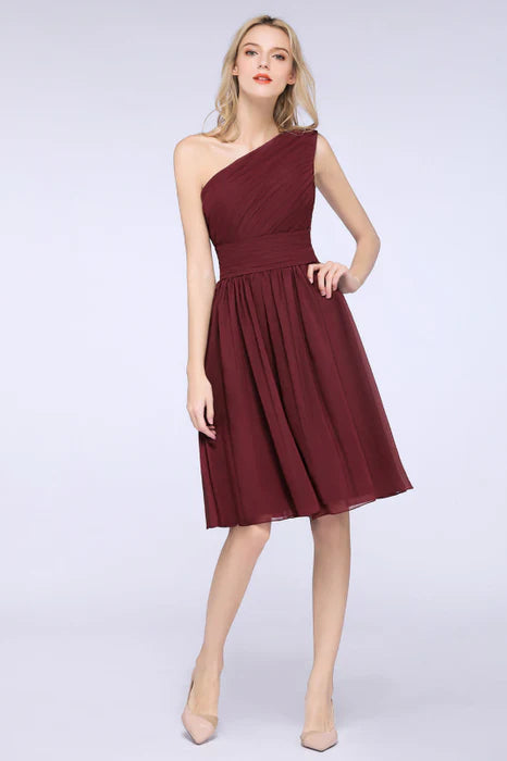 Burgundy Chiffon Pleated One Shoulder Ruffle Short Bridesmaid Dresses Homecoming Dress