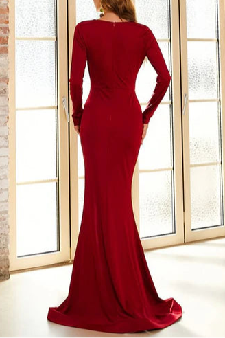 Burgundy Chiffon Queen Anne Floor Length Sleeve Mermaid Long Evening Dress With Slit