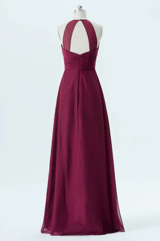 Burgundy Chiffon Round Neck Open Back Ruffle Pleated Full Length Dress Bridesmaid Dress