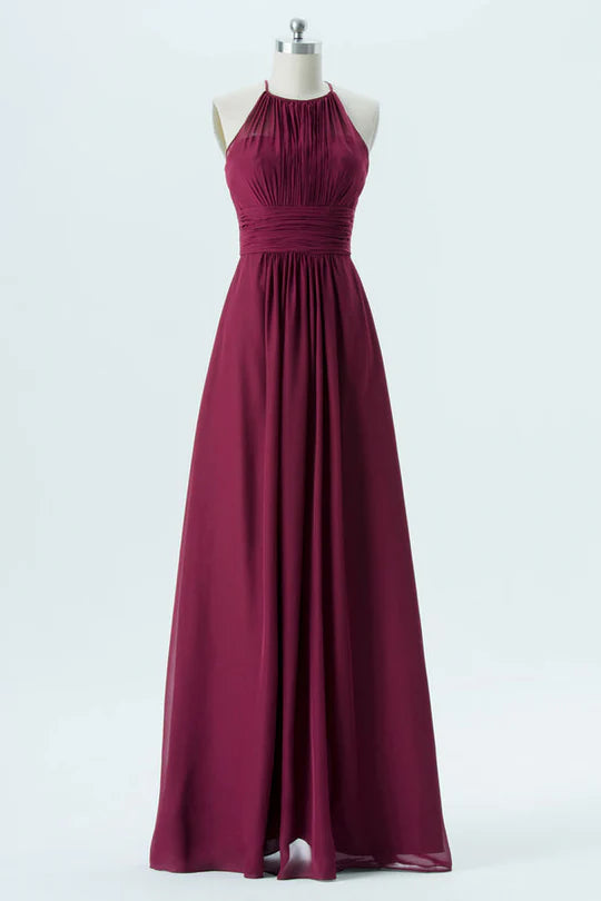 Burgundy Halter V Neck Spaghetti Straps Open Back Mermaid Long Bridesmaid Dress
