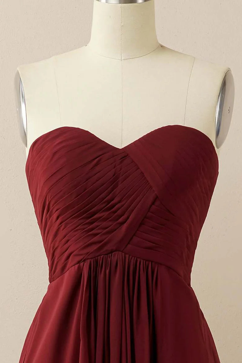 Burgundy Chiffon Sleeveless Off-Shoulder Sweetheart Neck Lace-up Back Full Length Bridesmaid Dress