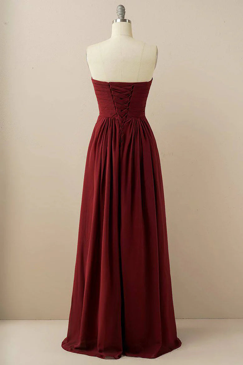 Burgundy Chiffon Sleeveless Off-Shoulder Sweetheart Neck Lace-up Back Full Length Bridesmaid Dress
