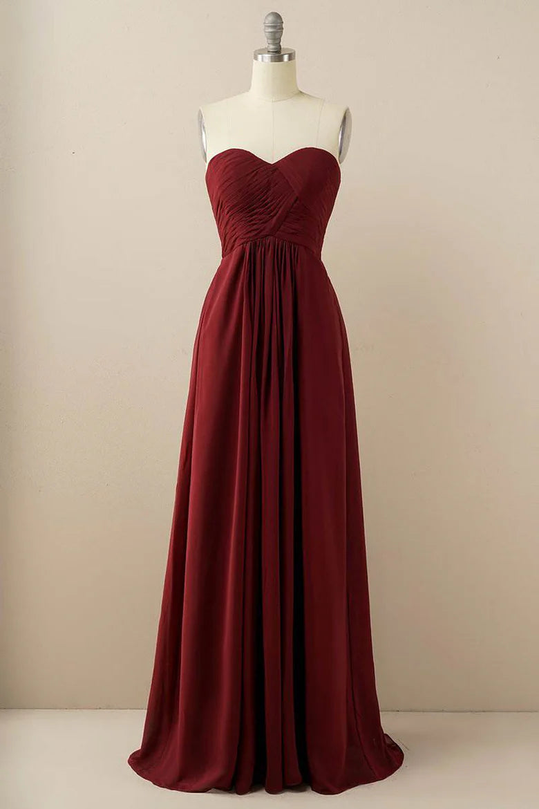 Burgundy Chiffon Sleeveless Off-Shoulder Sweetheart Neck Lace-up Back Full Length Bridesmaid Dress