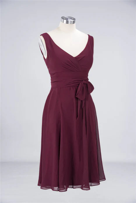 Burgundy Chiffon Straps V Neck Ruffle Short Bridesmaid Dress Homecoming Dress With Bow Sash