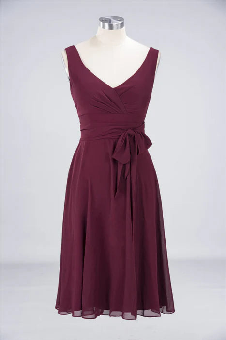 Burgundy Chiffon Straps V Neck Ruffle Short Bridesmaid Dress Homecoming Dress With Bow Sash