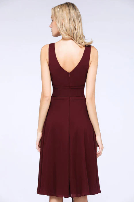 Burgundy Chiffon Straps V Neck Ruffle Short Bridesmaid Dress Homecoming Dress With Bow Sash