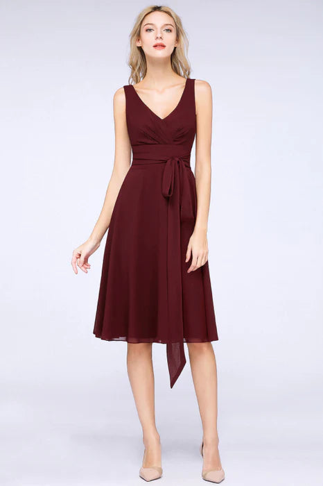 Burgundy Chiffon Straps V Neck Ruffle Short Bridesmaid Dress Homecoming Dress With Bow Sash