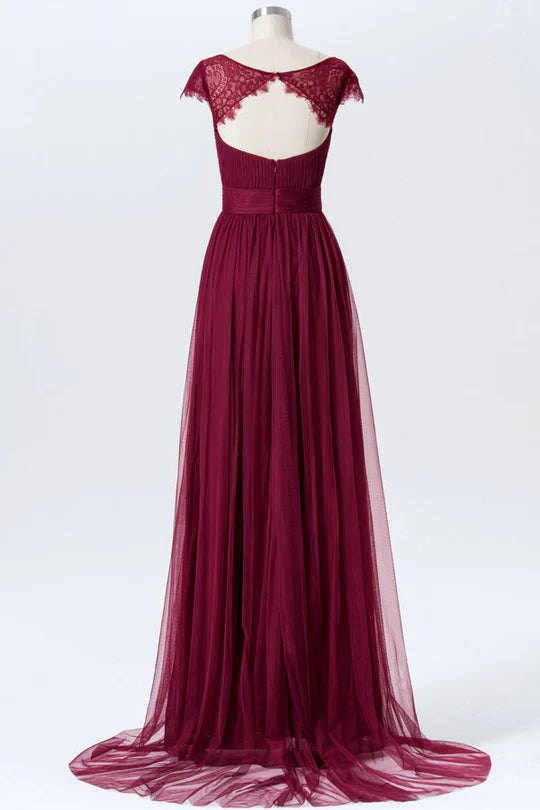 Burgundy Chiffon Tulle Sweetheart Collar Cutout Back Floor Length Bridesmaid Dress With Train