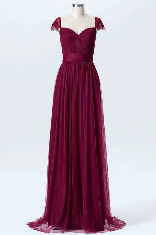Burgundy Chiffon Tulle Sweetheart Collar Cutout Back Floor Length Bridesmaid Dress With Train