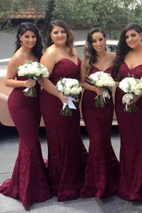 Burgundy Floral Lace Sweetheart Strapless Mermaid Long Bridesmaid Dress With Sweep Train