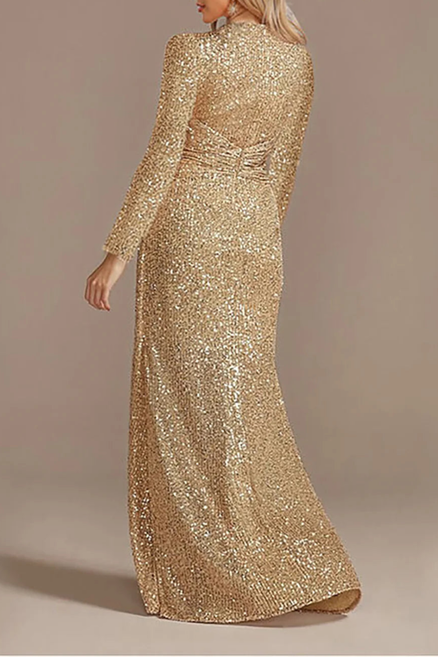 Burgundy Glitter V Neck Long Sleeves Floor Length Mother of the Bride Dress With Asymmetrical Hem