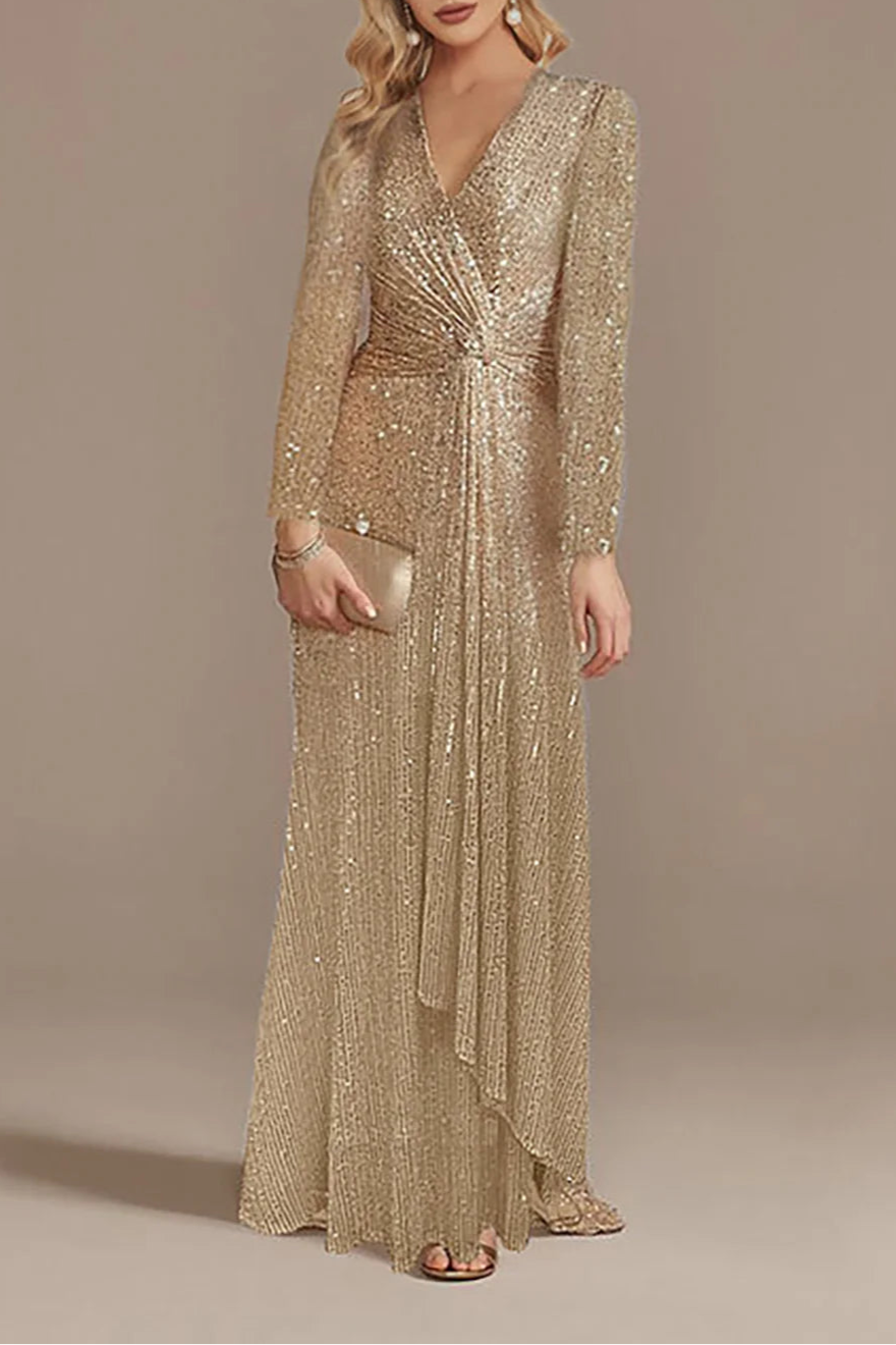 Burgundy Glitter V Neck Long Sleeves Floor Length Mother of the Bride Dress With Asymmetrical Hem