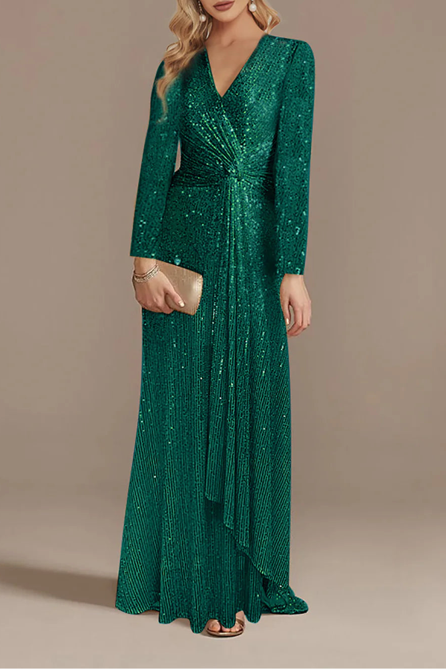 Burgundy Glitter V Neck Long Sleeves Floor Length Mother of the Bride Dress With Asymmetrical Hem