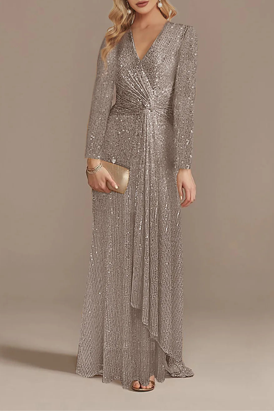 Burgundy Glitter V Neck Long Sleeves Floor Length Mother of the Bride Dress With Asymmetrical Hem