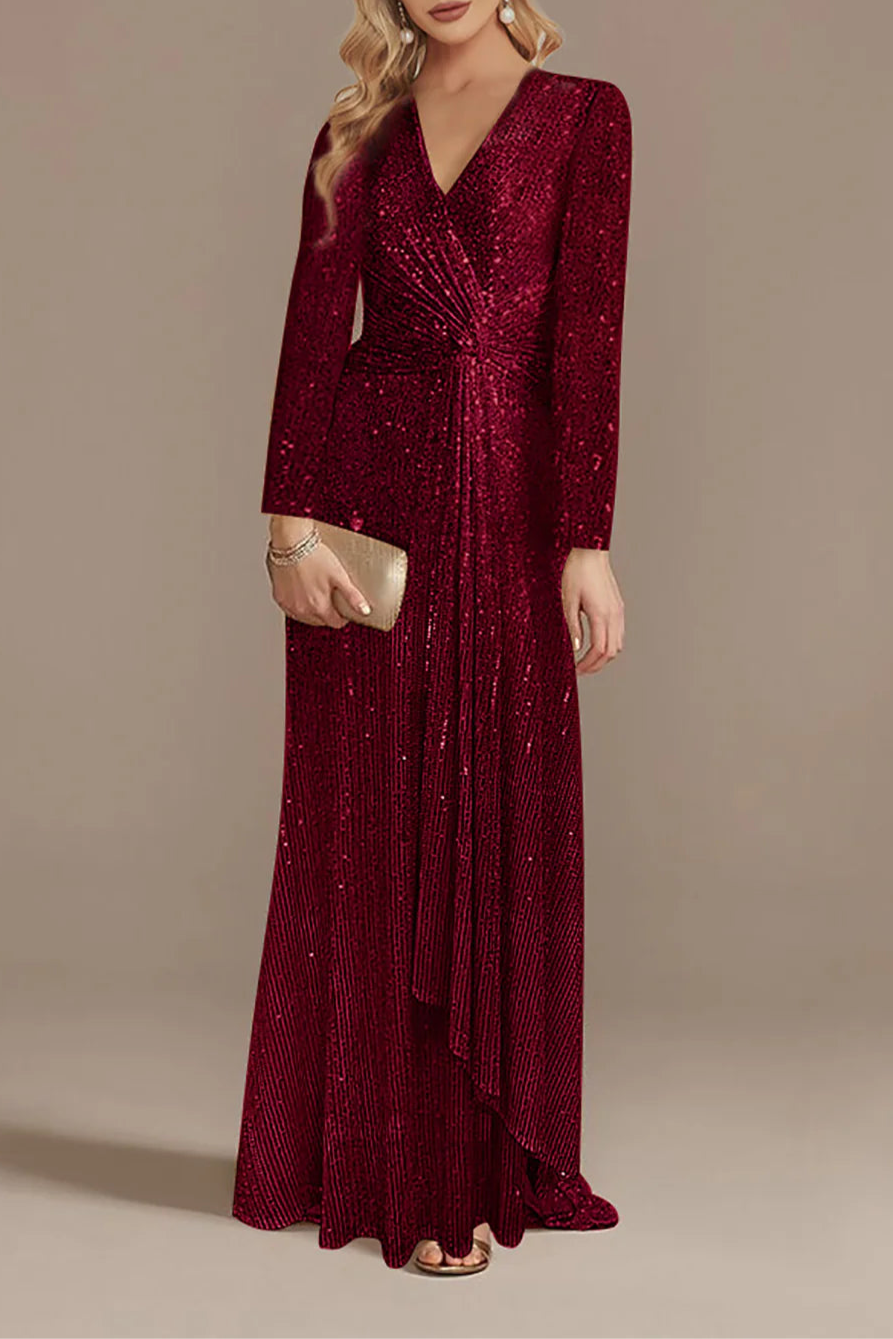 Burgundy Glitter V Neck Long Sleeves Floor Length Mother of the Bride Dress With Asymmetrical Hem