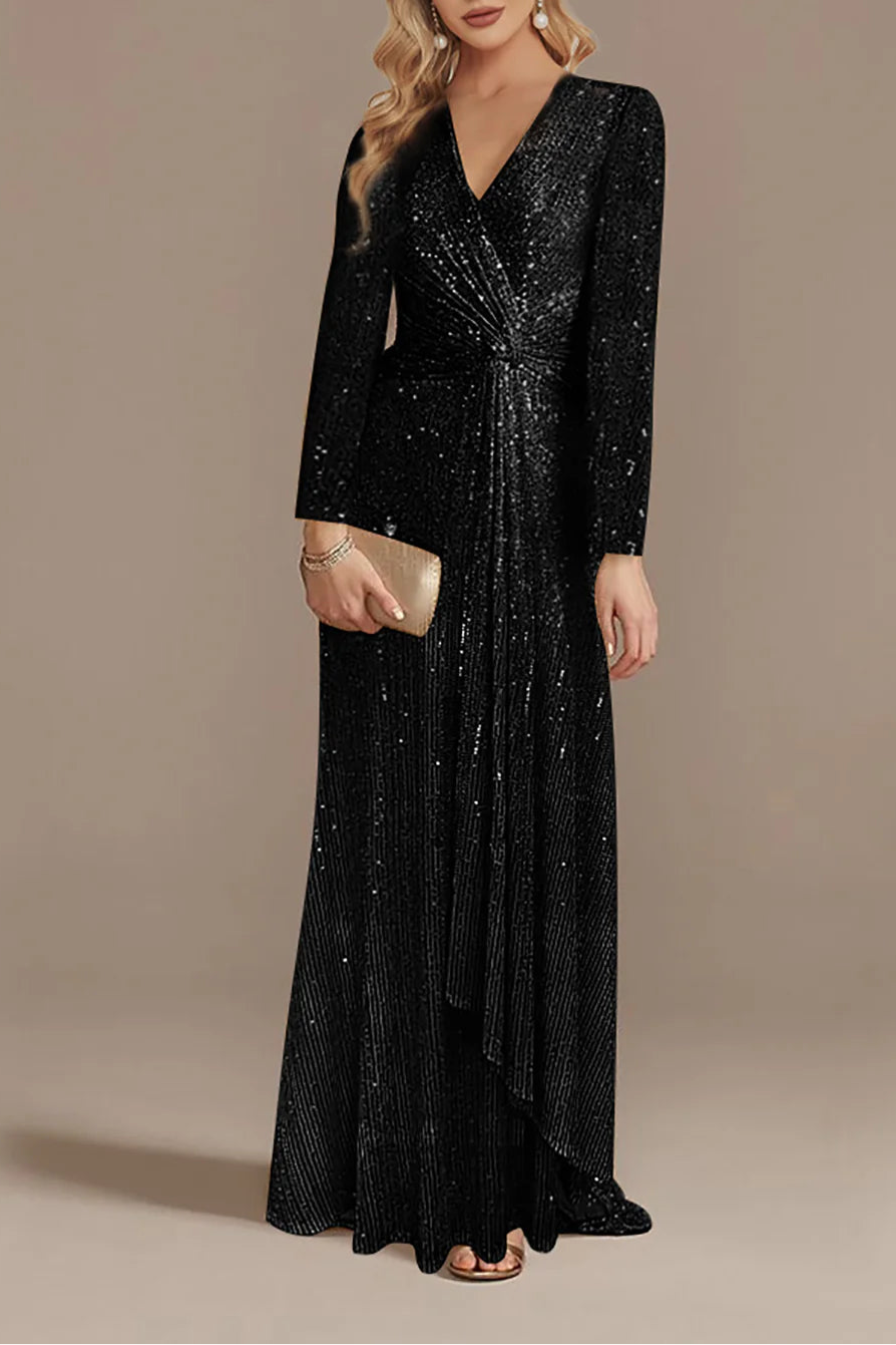 Burgundy Glitter V Neck Long Sleeves Floor Length Mother of the Bride Dress With Asymmetrical Hem