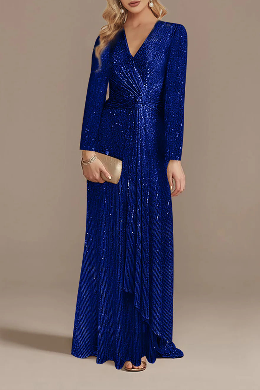 Burgundy Glitter V Neck Long Sleeves Floor Length Mother of the Bride Dress With Asymmetrical Hem