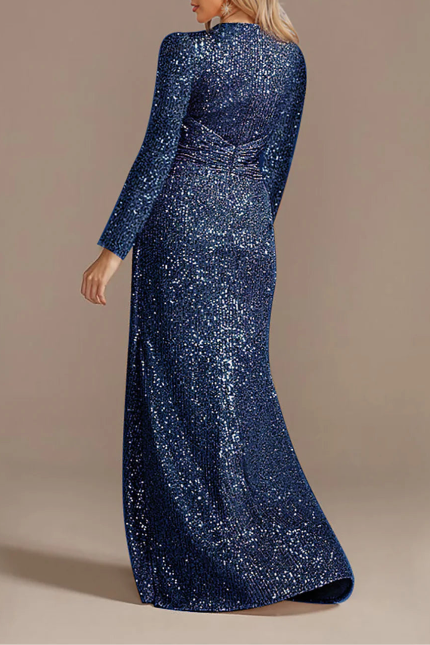 Burgundy Glitter V Neck Long Sleeves Floor Length Mother of the Bride Dress With Asymmetrical Hem