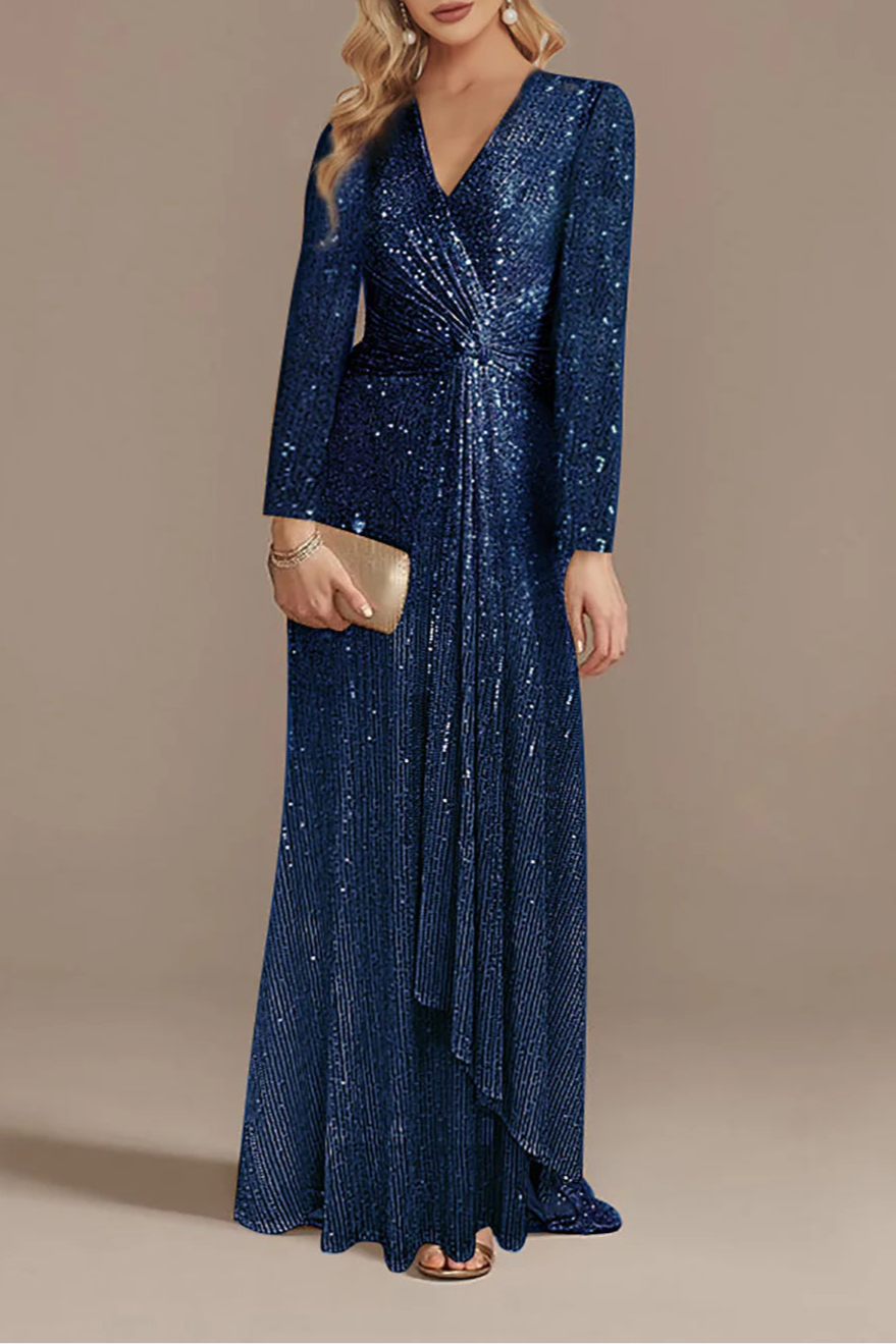 Burgundy Glitter V Neck Long Sleeves Floor Length Mother of the Bride Dress With Asymmetrical Hem