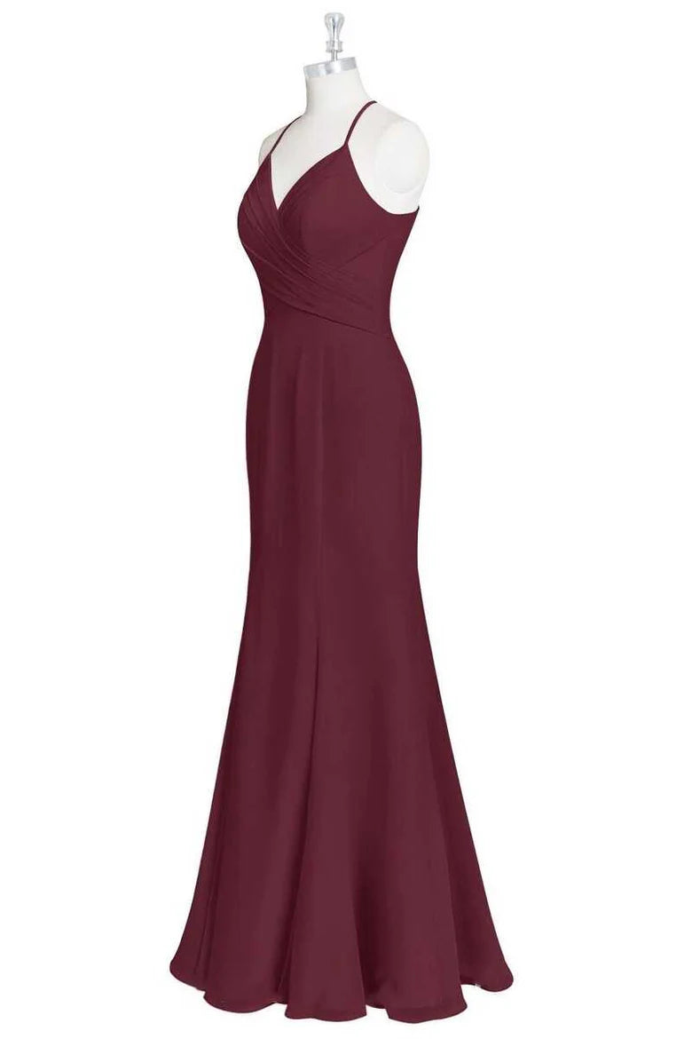 Burgundy Halter V Neck Spaghetti Straps Open Back Mermaid Long Bridesmaid Dress