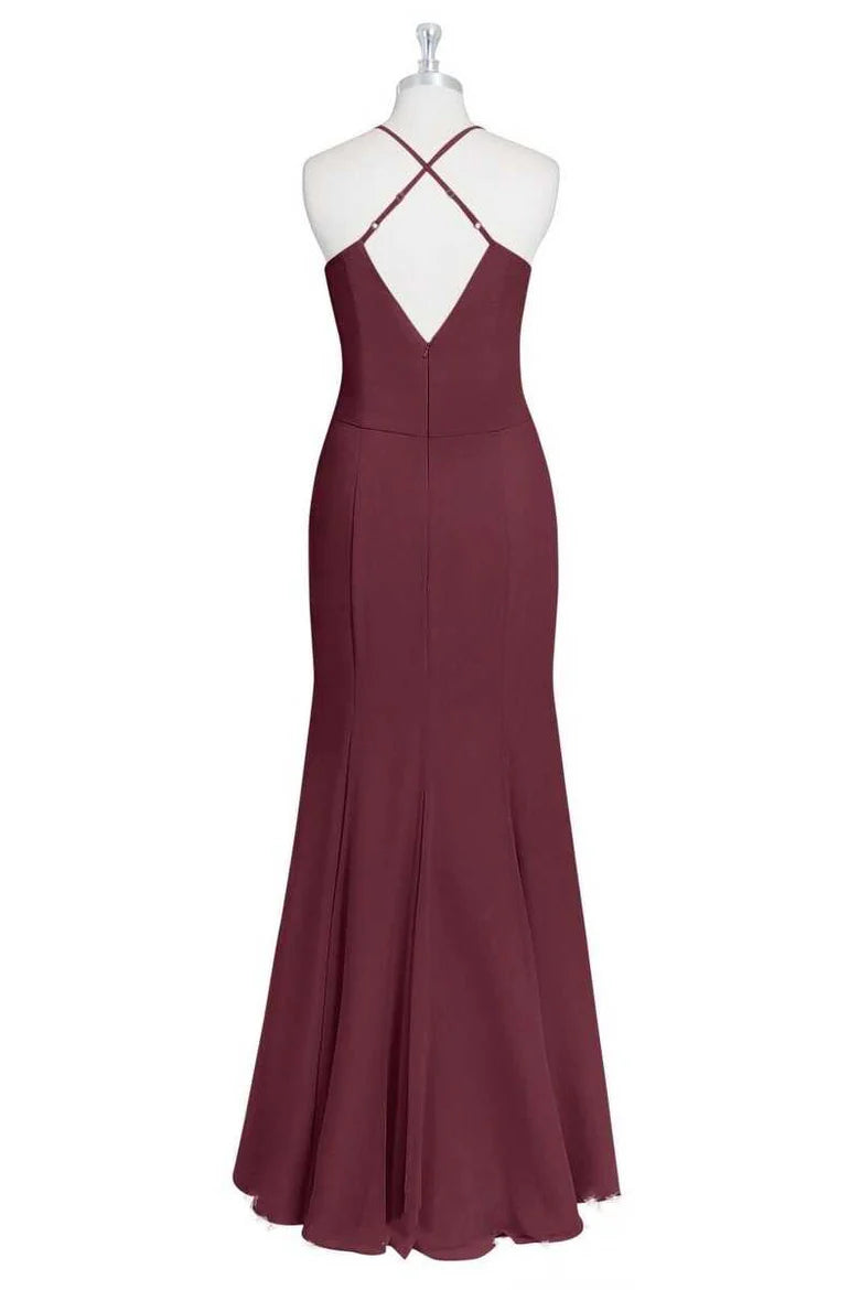 Burgundy Halter V Neck Spaghetti Straps Open Back Mermaid Long Bridesmaid Dress