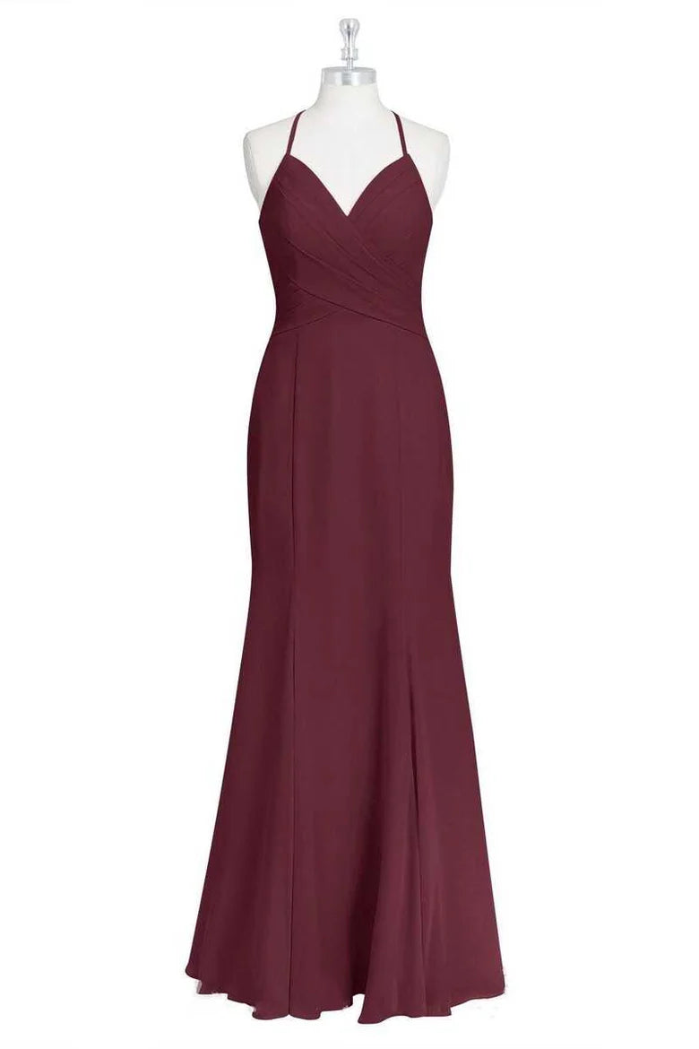 Burgundy Halter V Neck Spaghetti Straps Open Back Mermaid Long Bridesmaid Dress