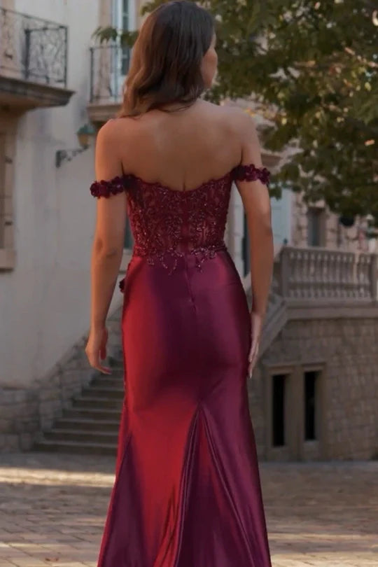 Burgundy Off-Shoulder Appliques Trumpet Side Slit Pleats Long Prom Dress