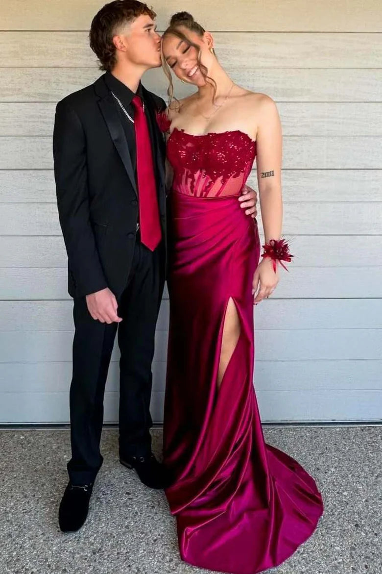 Burgundy Off-The-Shoulder Applique Mermaid Side Slit Prom Dresses