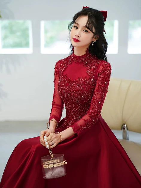 Burgundy Satin A-Line Appliqued Tulle Satin Long Sleeves Prom Dress