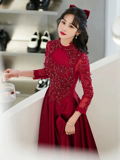 Burgundy Satin A-Line Appliqued Tulle Satin Long Sleeves Prom Dress
