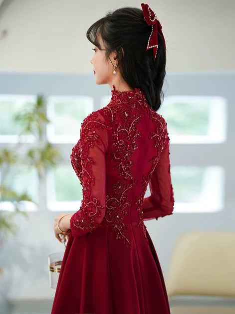 Burgundy Satin A-Line Appliqued Tulle Satin Long Sleeves Prom Dress