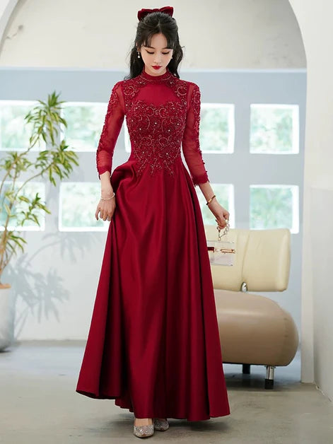 Burgundy Satin A-Line Appliqued Tulle Satin Long Sleeves Prom Dress