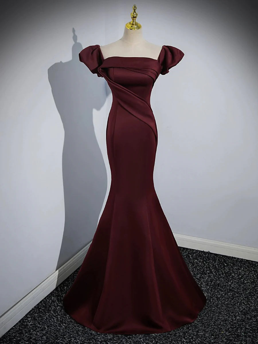 Burgundy Satin Back Lace-up Off Shoulder Mermaid Long Prom Dress Evening Party Dress