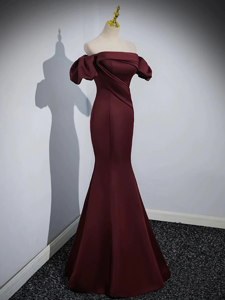 Burgundy Satin Back Lace-up Off Shoulder Mermaid Long Prom Dress Evening Party Dress