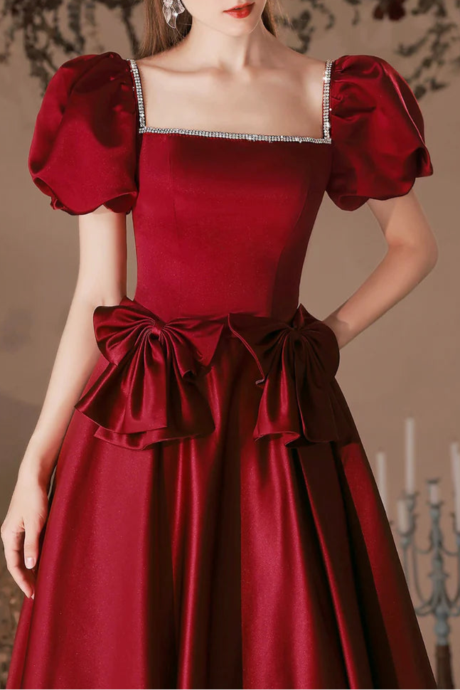 Burgundy Satin Beaded Square Neck Short Sleeve Tea Length Homecoming Dress A-Line Party Dress