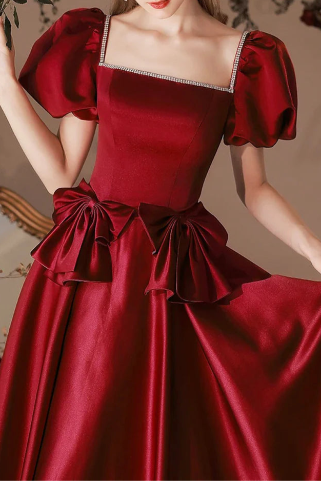 Burgundy Satin Beaded Square Neck Short Sleeve Tea Length Homecoming Dress A-Line Party Dress
