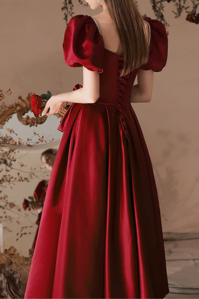 Burgundy Satin Beaded Square Neck Short Sleeve Tea Length Homecoming Dress A-Line Party Dress