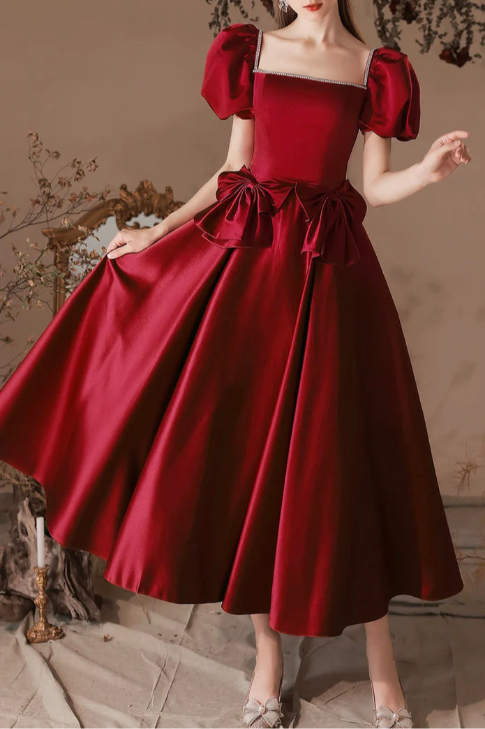 Burgundy Satin Beaded Square Neck Short Sleeve Tea Length Homecoming Dress A-Line Party Dress