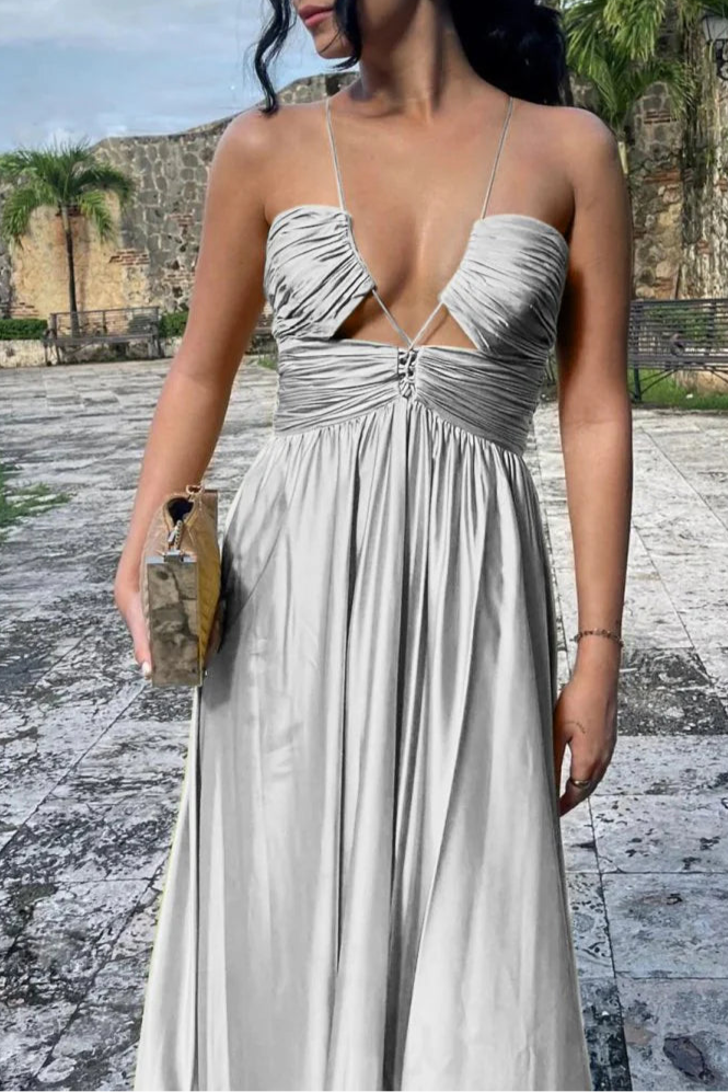 Burgundy Satin Criss-cross Ruched Spaghetti Straps Halter Sleeveless A-line Long Evening Dress