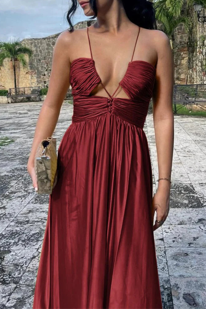 Burgundy Satin Criss-cross Ruched Spaghetti Straps Halter Sleeveless A-line Long Evening Dress