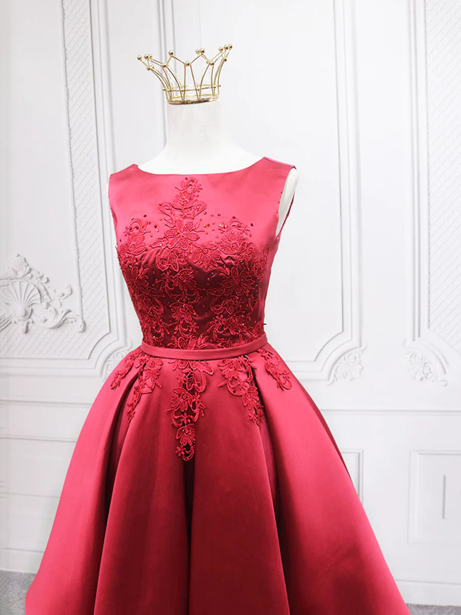 Burgundy Satin Floral Lace With Beaded Round Neck A-Line Short Homecoming Dress
