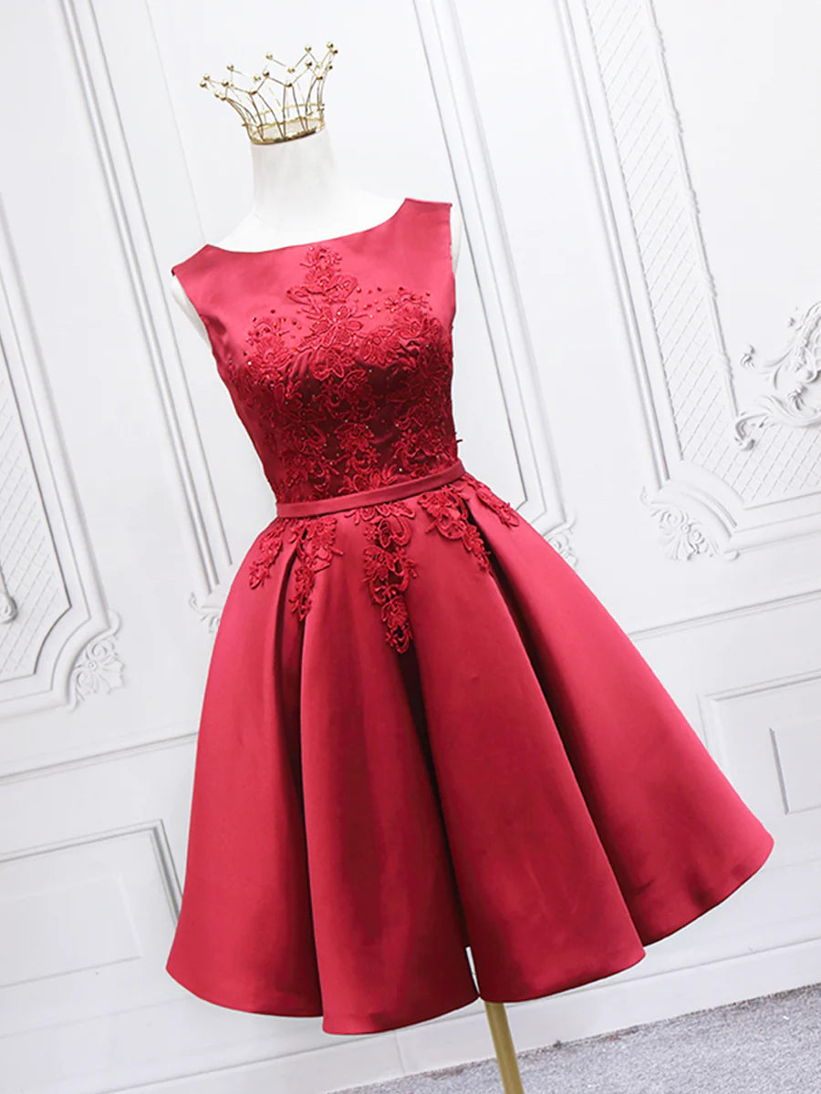 Burgundy Satin Floral Lace With Beaded Round Neck A-Line Short Homecoming Dress