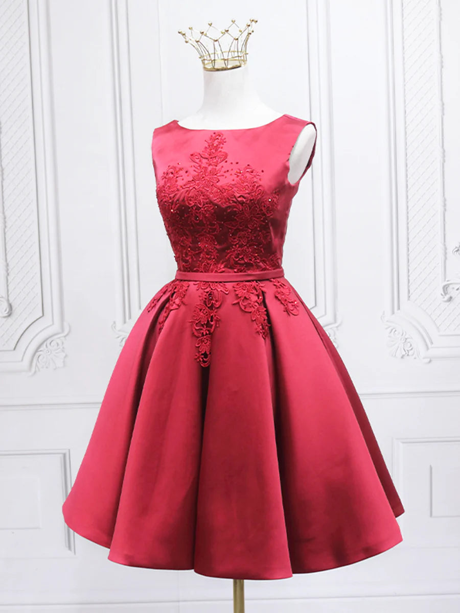 Burgundy Satin Floral Lace With Beaded Round Neck A-Line Short Homecoming Dress