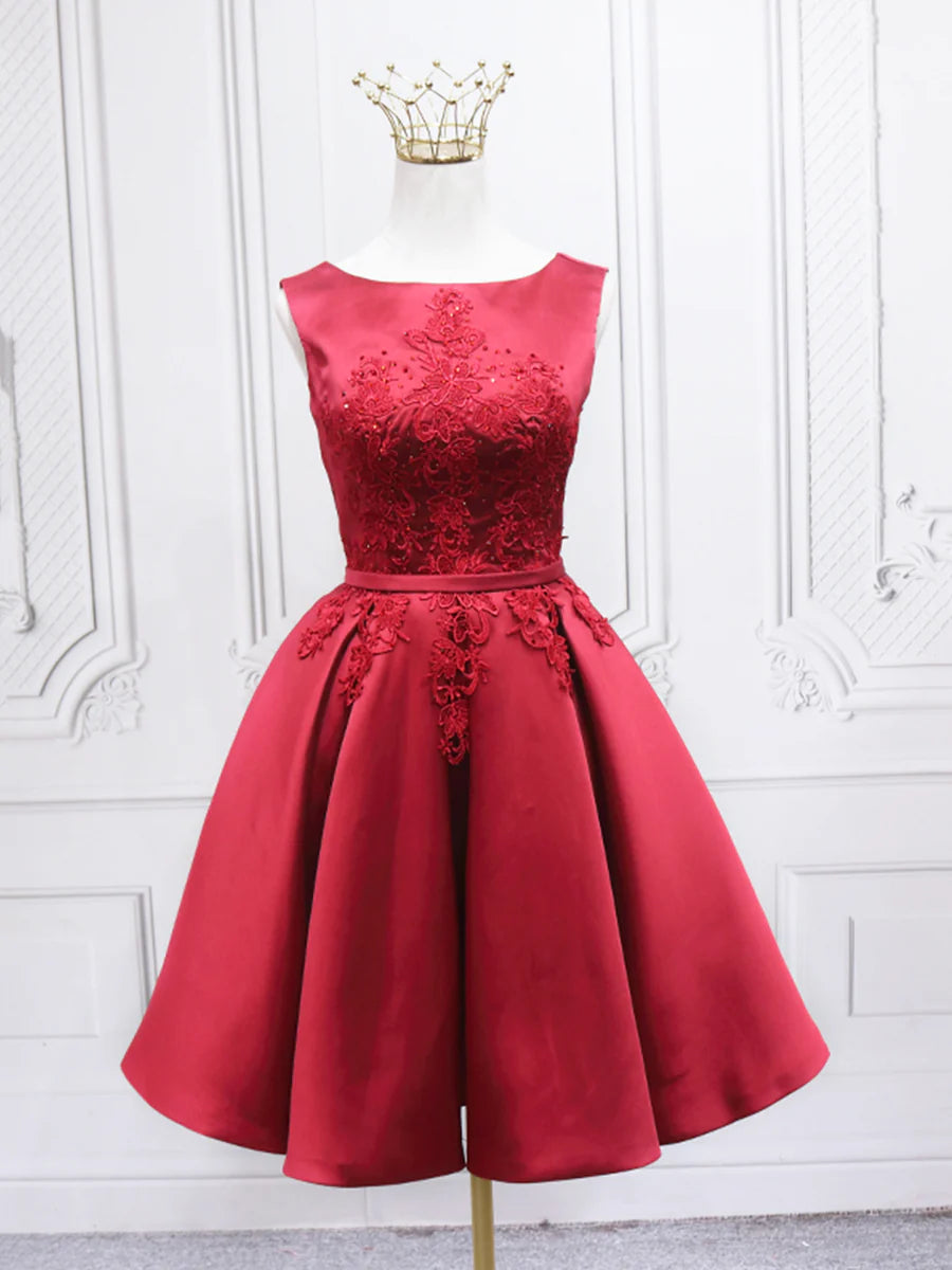 Burgundy Satin Floral Lace With Beaded Round Neck A-Line Short Homecoming Dress